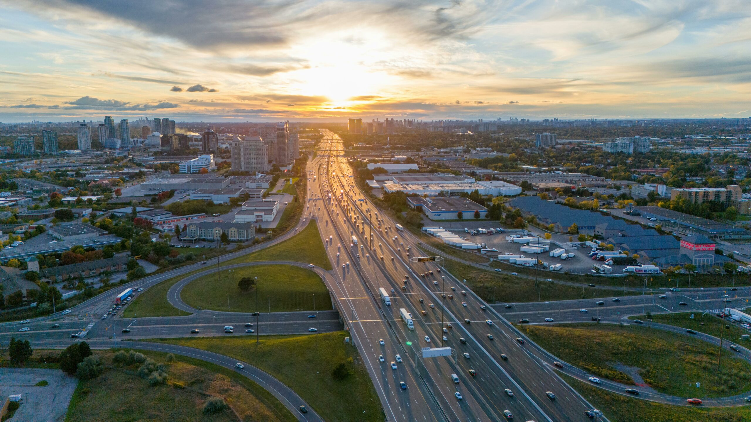 Aerial view of a GTA highway, highlighting easy access to our in-person Etobacoke therapy office
